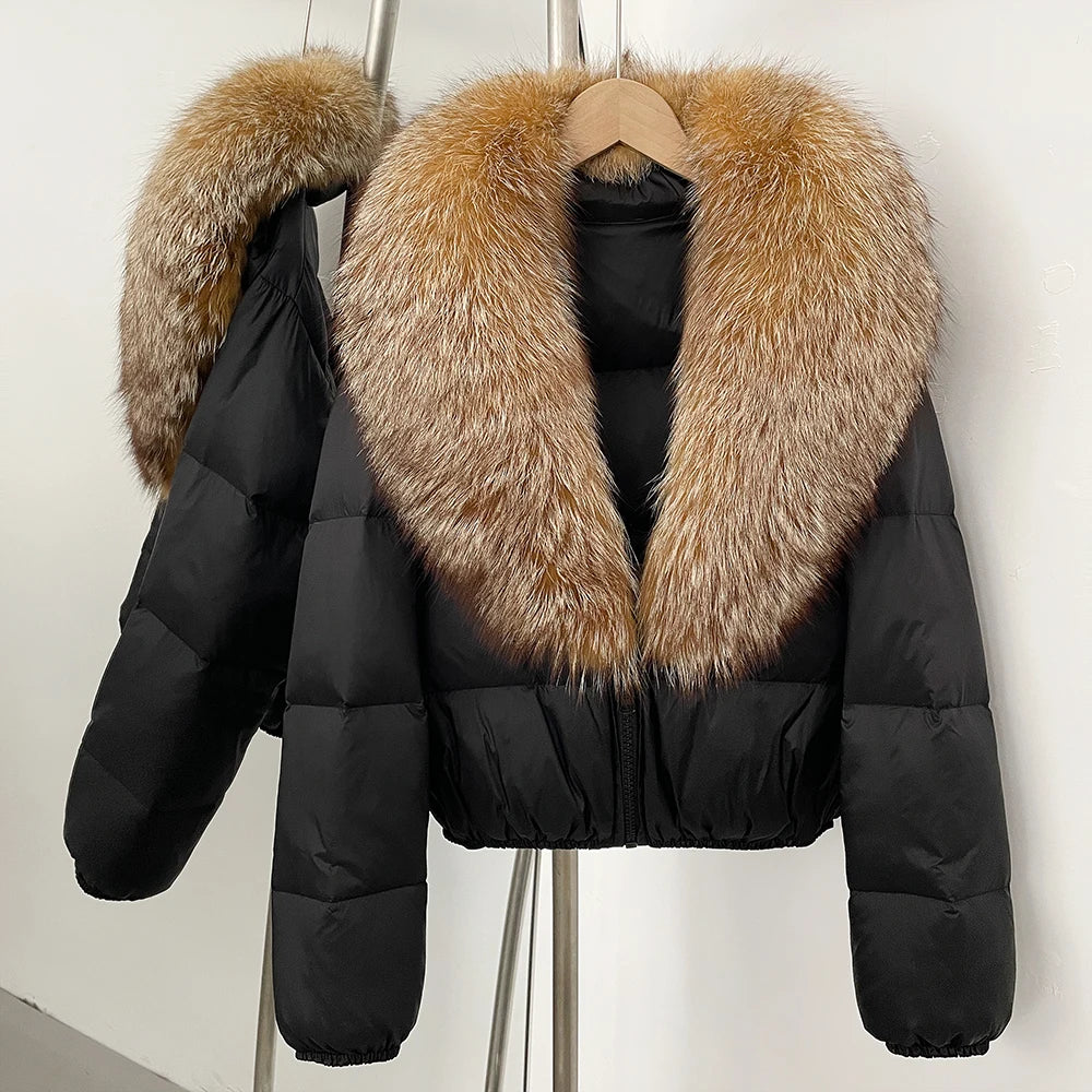 OFTBUY New Puffer Jacket Women with Large Natural Fox Fur Collar Short Fluffy Thick Parkas Female 90% White Duck Down Coat Lady