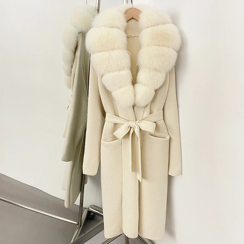OFTBUY Women's Luxury Brown Knit Cardigan with Real Fox Fur Collar Belted Sweater Coat Female New Fashion Warm Winter Outerwear
