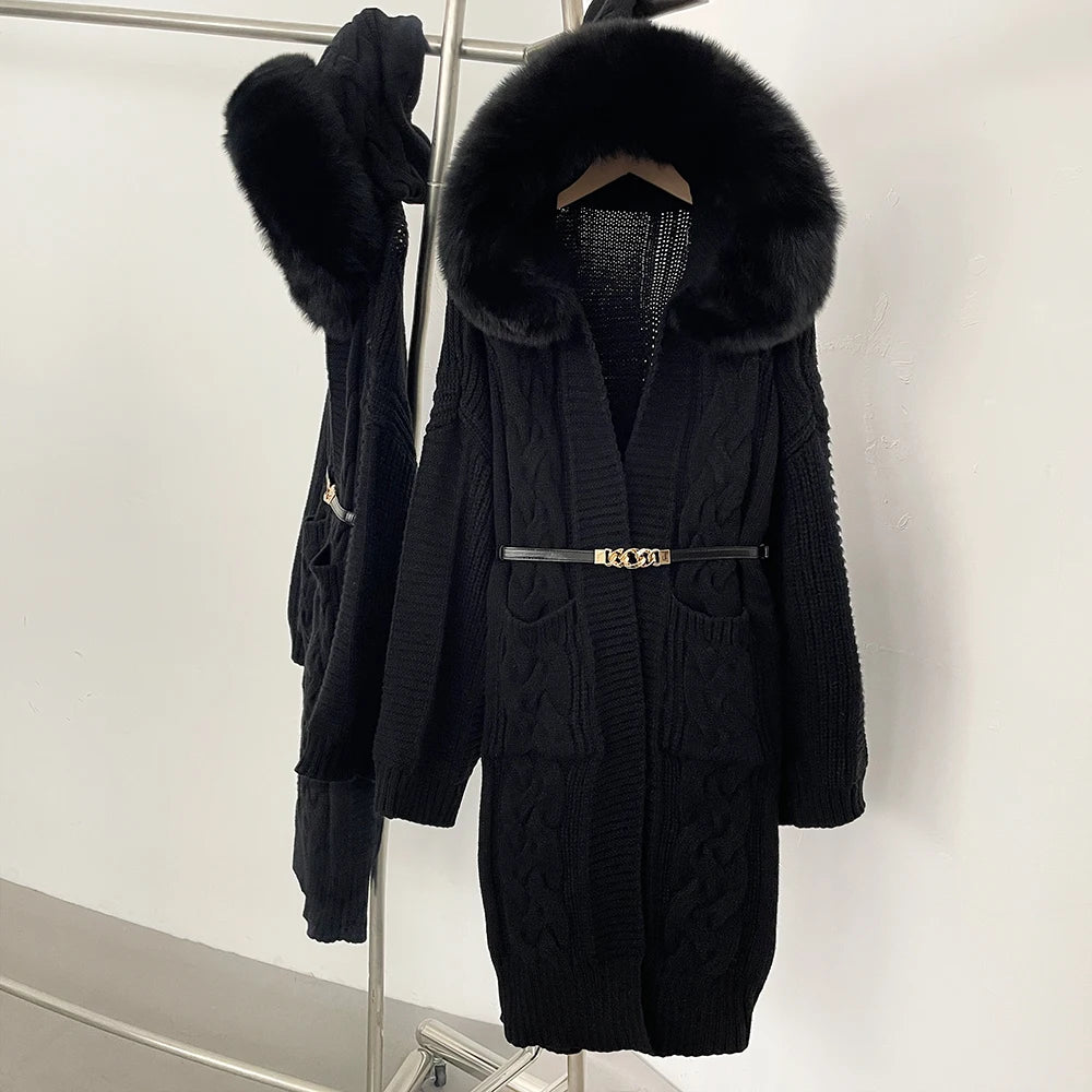 OFTBUY New Autumn Winter Knitted Clothes Women Fashion Thick Warm Belt Sweater Coat Female Hooded Real Fox Fur Cardigan Jacket