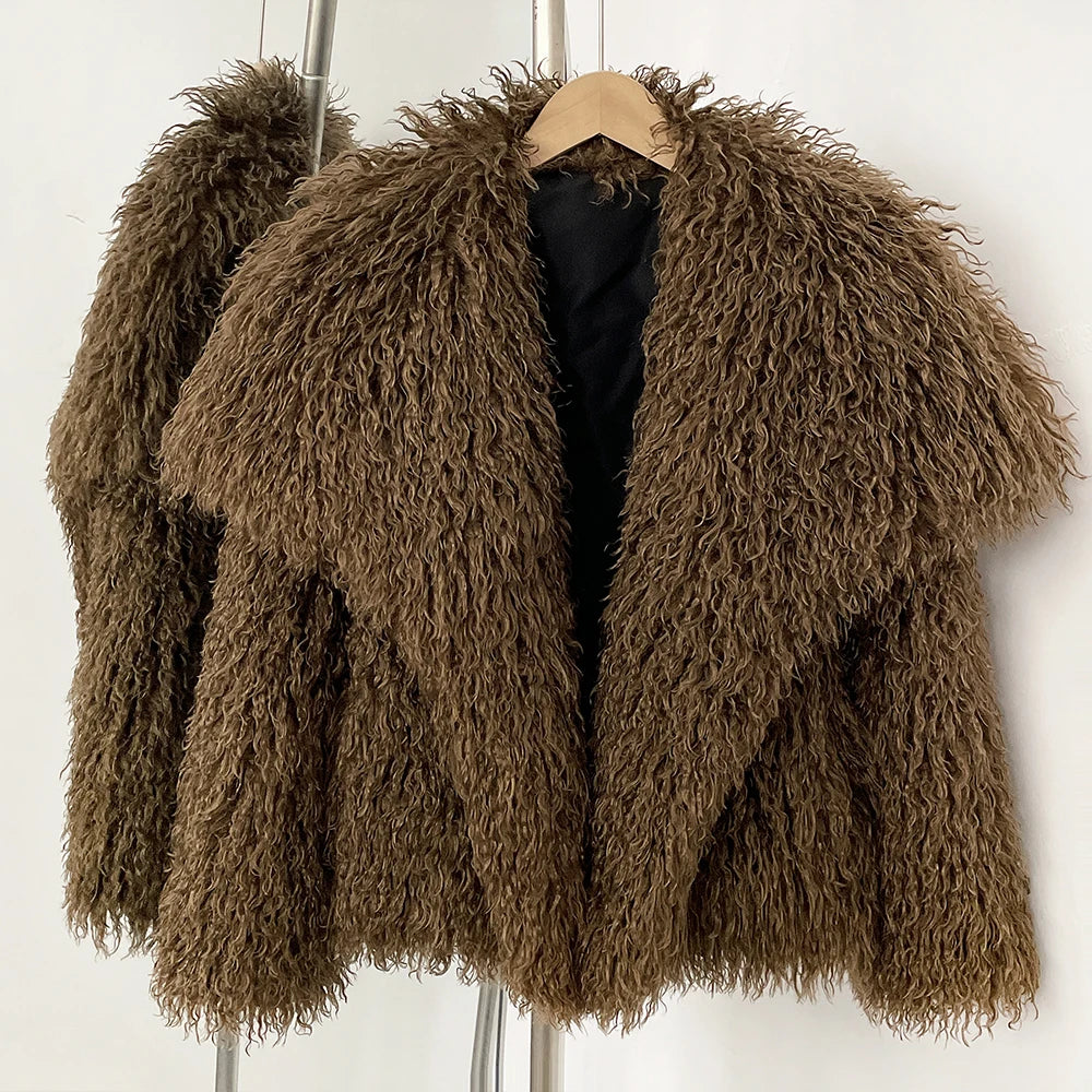 OFTBUY New Autumn Winter Clothes Women Fashion Big Collar Artificial Mongolia Sheep Fur Jacket Luxury Faux Fur Coat Fake Fur Overcoat