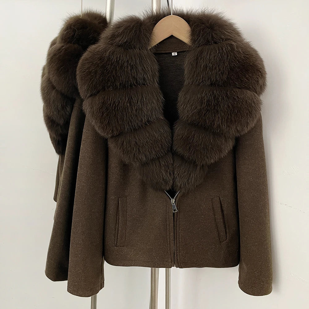 OFTBUY Women's Luxury Real Fox Fur Collar Knit Coat Warm New Autumn Winter Jacket Female Elegant Cardigan Sweater Outerwear