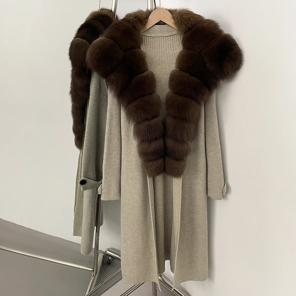 OFTBUY New Autumn Winter Knit Clothing Female Long Big Real Fox Fur Collar Sweater Women Warm Fashion Elegant Cardigan Coat
