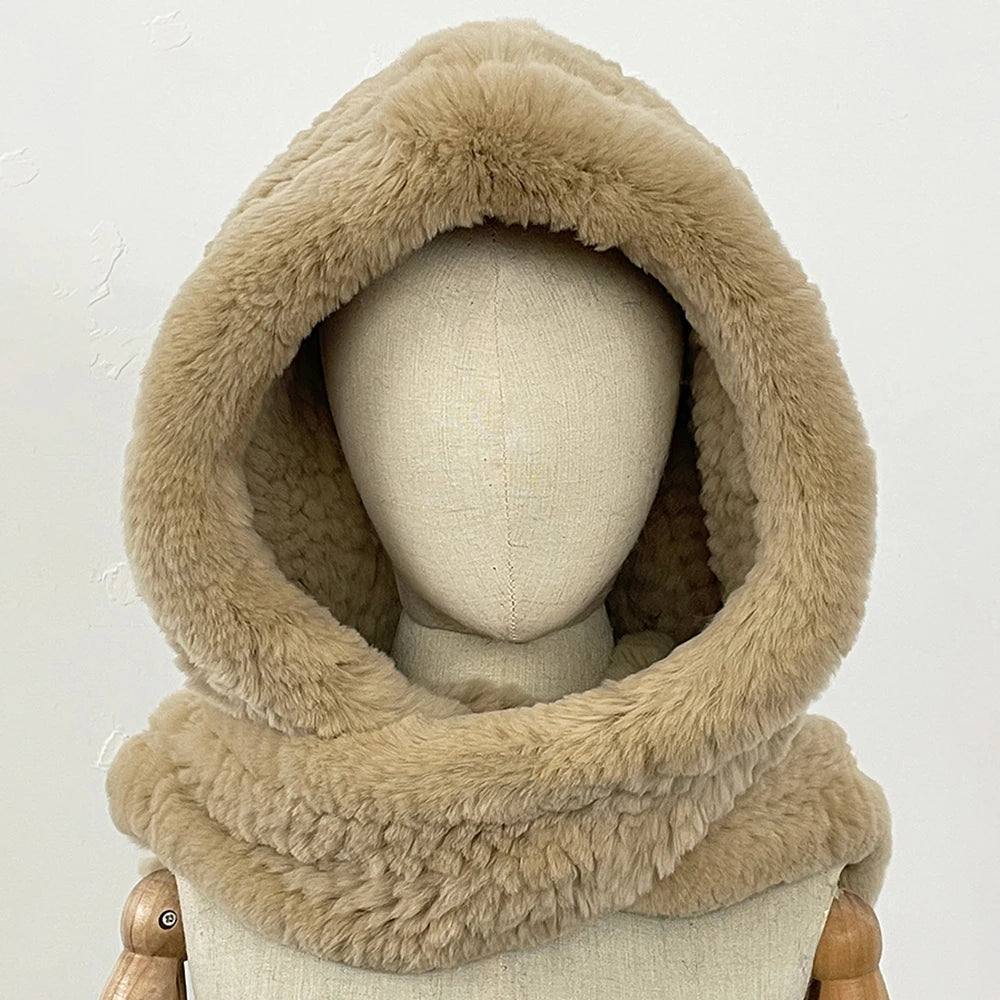 OFTBUY Thick Warm Windproof Natural Rabbit Fur Hat with Scarf Women New Winter Cute Cycling Cap Child Fluffy Rea Fur Neckerchief
