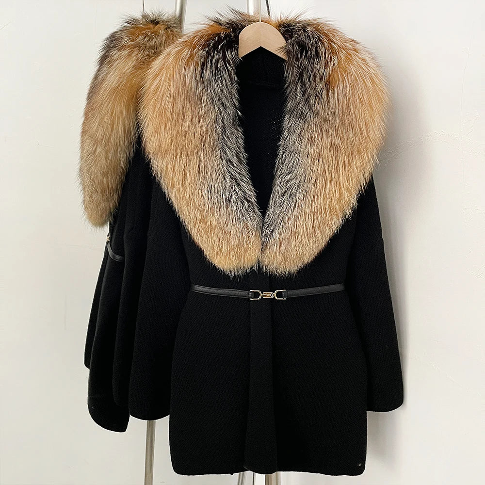 OFTBUY New Autumn Winter Luxury Fashion Outerwear Lady Women's Knit Coat with Large Real Fox Fur Collar Belt Textured Knit Warm