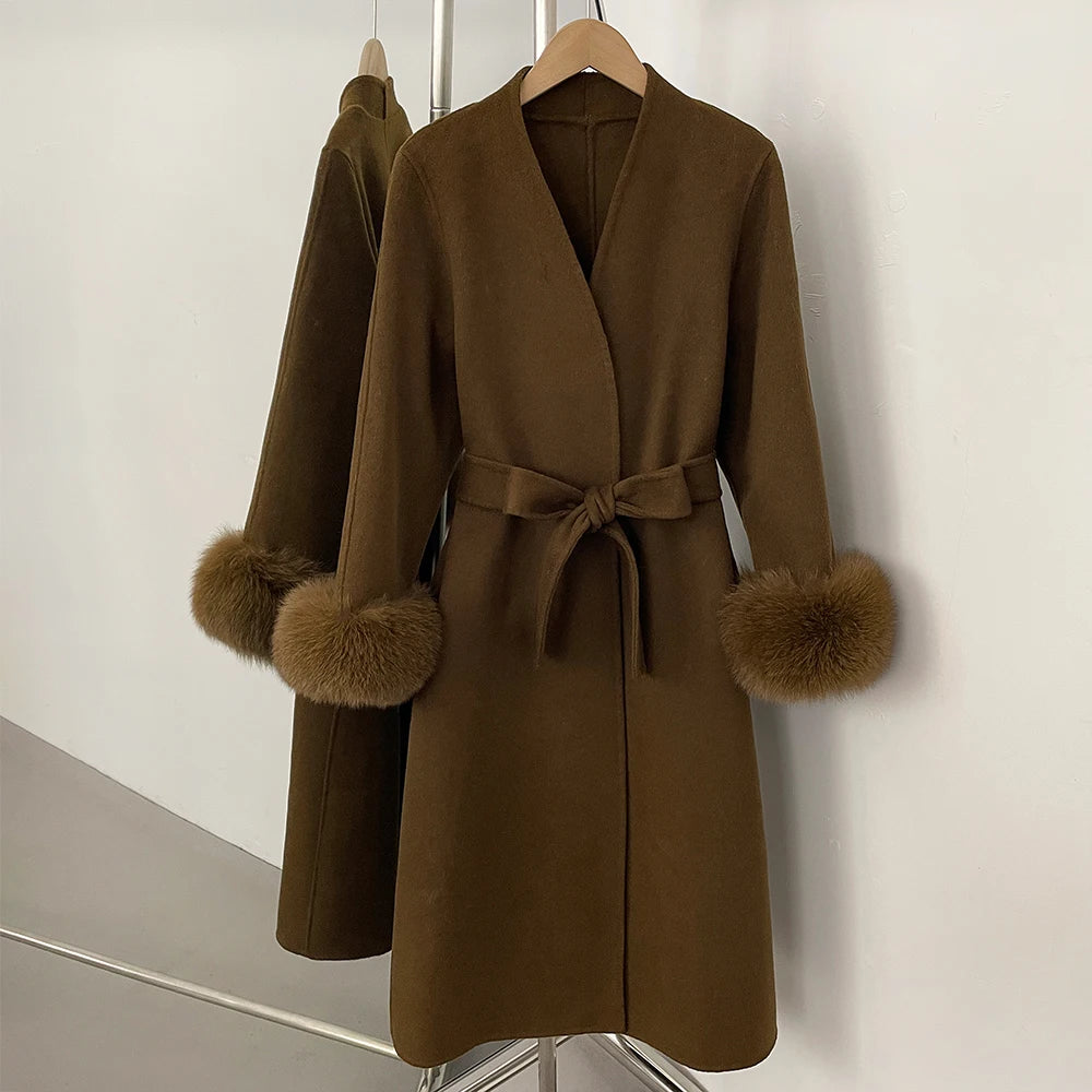OFTBUY New Women's Double-Faced Wool Coat with Real Fox Fur Cuffs V-Neck Belted Bow Long Warm Winter Elegant Fashion Outerwear