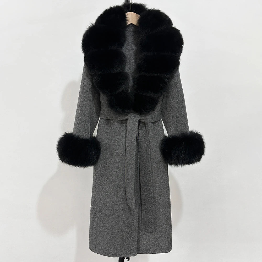 OFTBUY Fashion Warm Woolen Jacket with Real Fox Fur Collar and Cuffs New Autumn Winter Wool Clothing Women Long Belt Outerwear