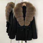 OFTBUY New Women's Knit Coat with Large Real Fox Fur Collar Belted Waist Striped Texture Pockets Winter Luxury Elegant Outerwear