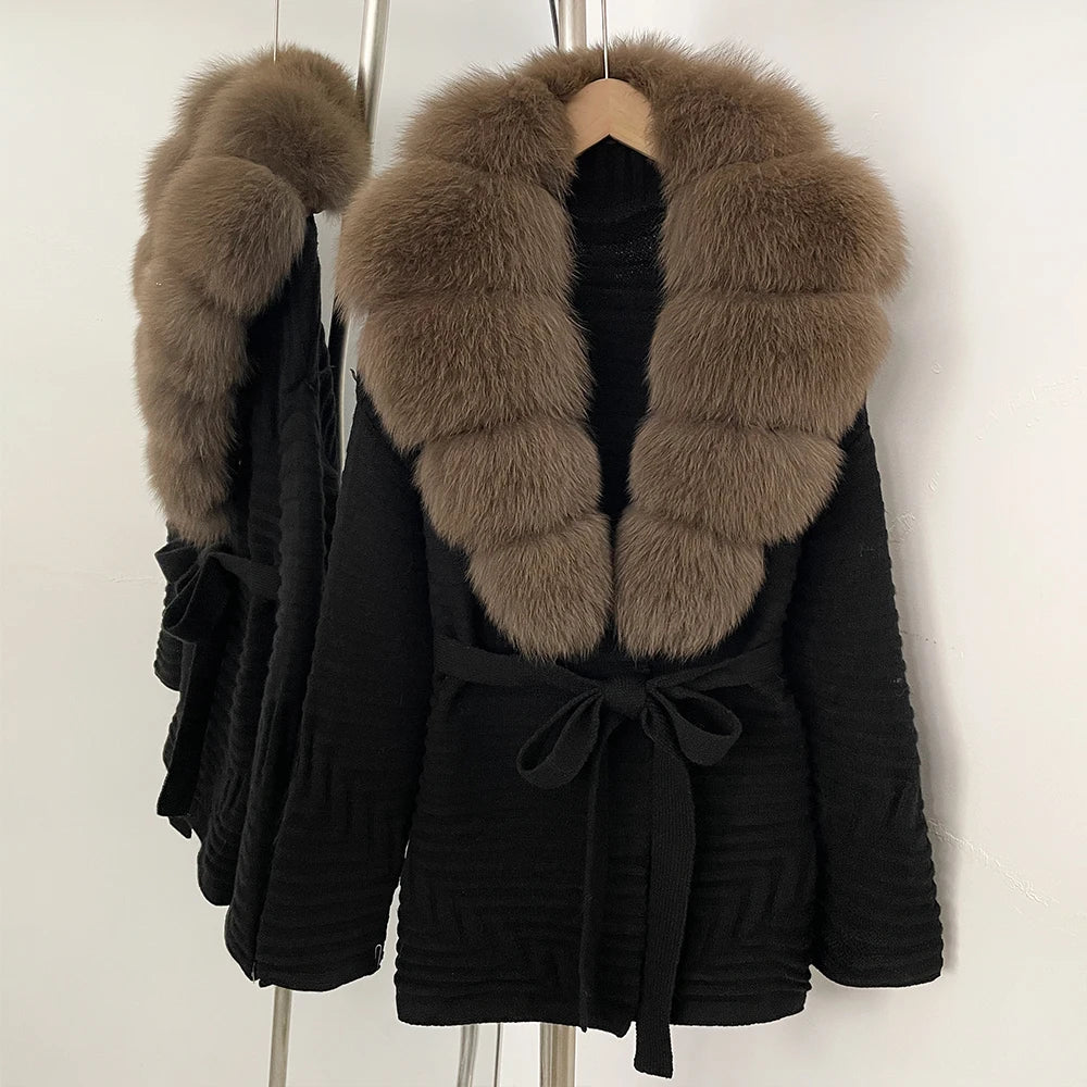 OFTBUY New Women's Knit Coat with Large Real Fox Fur Collar Belted Waist Striped Texture Pockets Winter Luxury Elegant Outerwear
