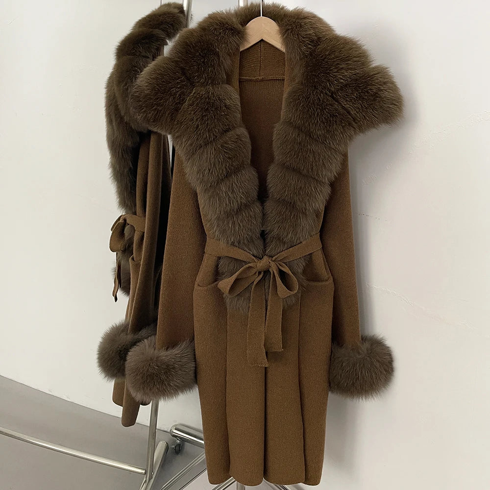 OFTBUY Fashion Warm Belt Real Fox Fur Cardigan New Natural Fur Collar Long Knit Jacket Women Atrumn Winter Top Clothing Female