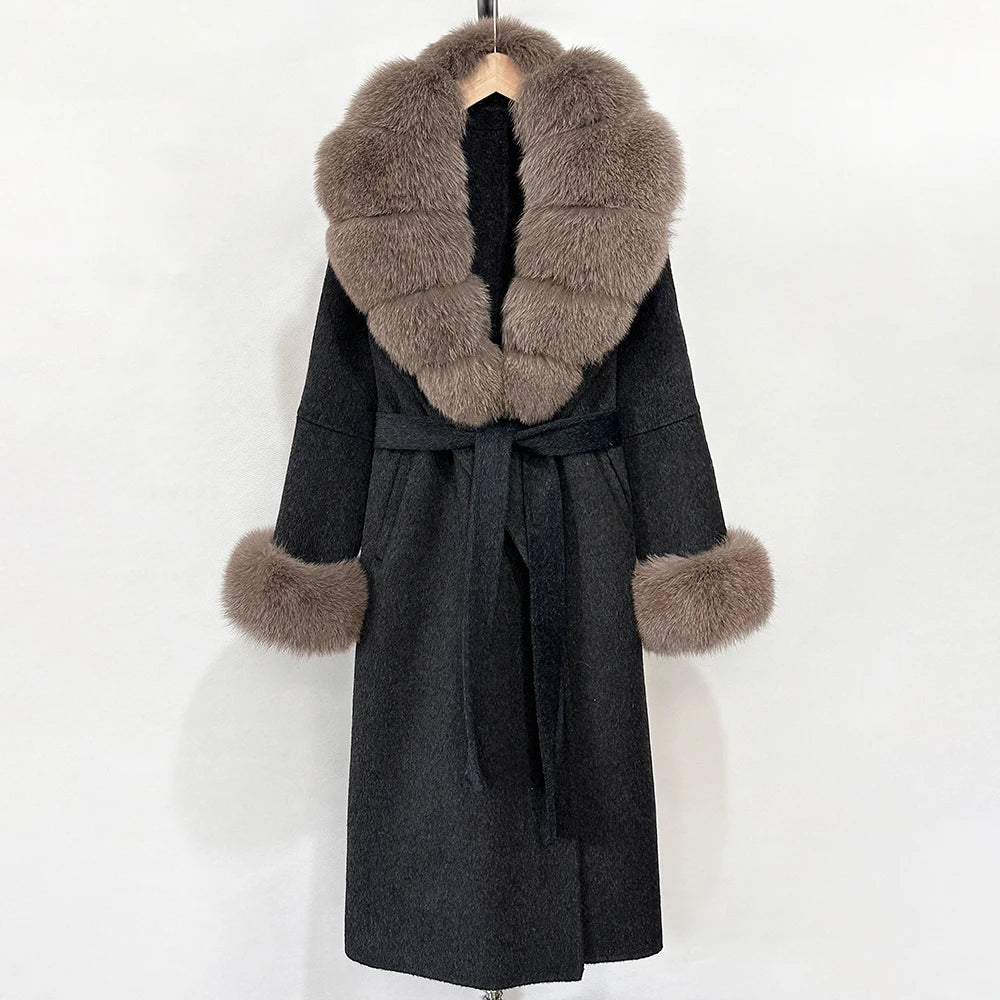 OFTBUY New Women's Double-Faced Wool Coat with Large Real Fox Fur Belted Warm Winter Luxury Fashion Outerwear Woolen Jacket Lady