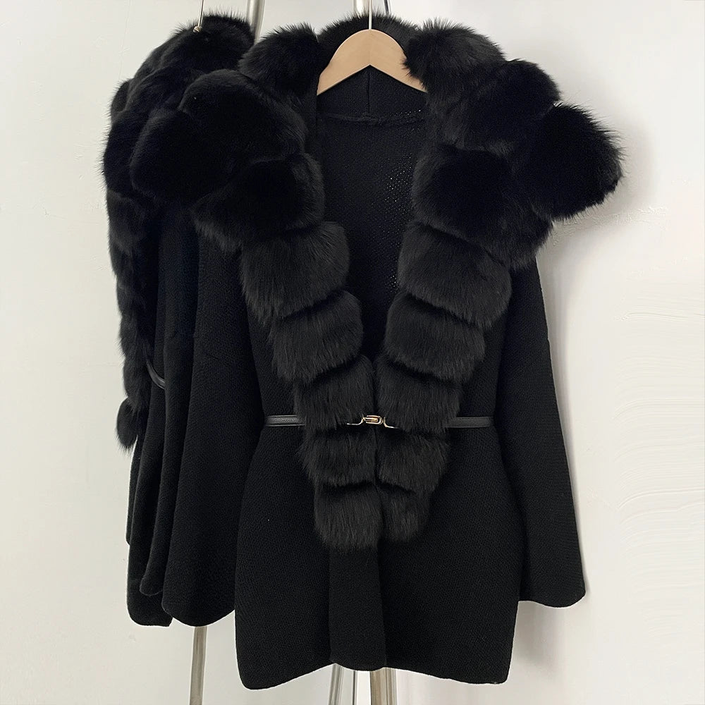 OFTBUY Fashion Belt Warm Sweater Female Natural Fur Loose Cadigan Coat Women Medium Length Knit Jacket with Real Fox Fur Collar