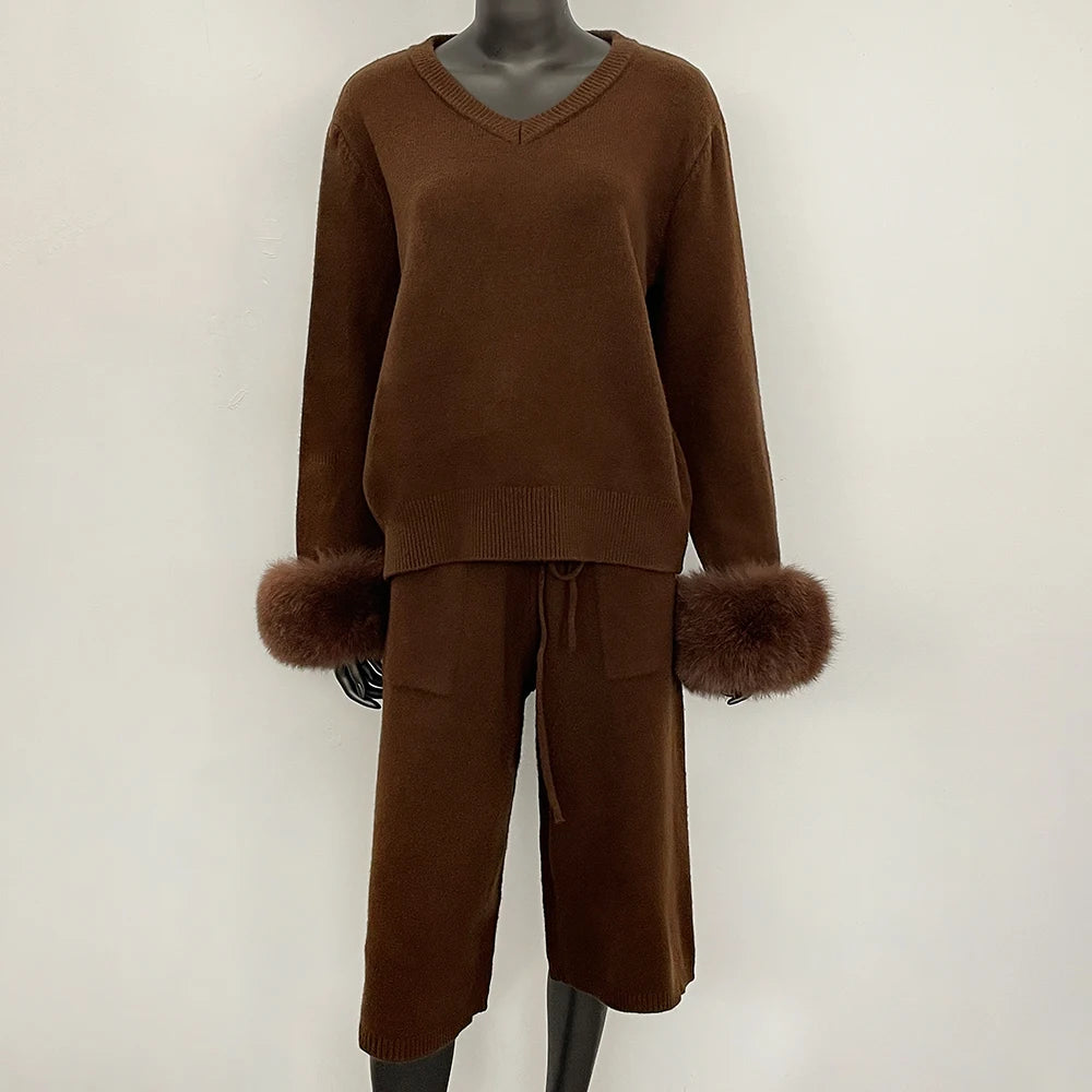 OFTBUY New Women's Knitted Two Piece Set with Real Fox Fur Cuffs V Neck Warm Winter Casual Elegant Outfit Sweater Female
