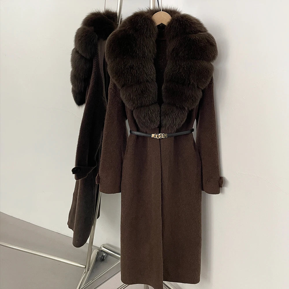 OFTBUY Warm Winter Elegant Fashion knit Outerwear female New Women's Knit Long Coat with Large Real Fox Fur Collar Belted Waist