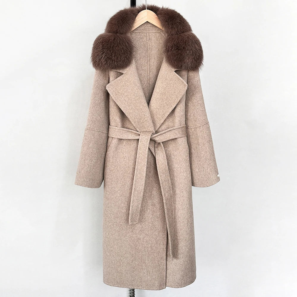 OFTBUY Belted Long Warm Winter Elegant Fashion Outerwear New Women's Double-Faced Wool Coat with Real Fox Fur Collar