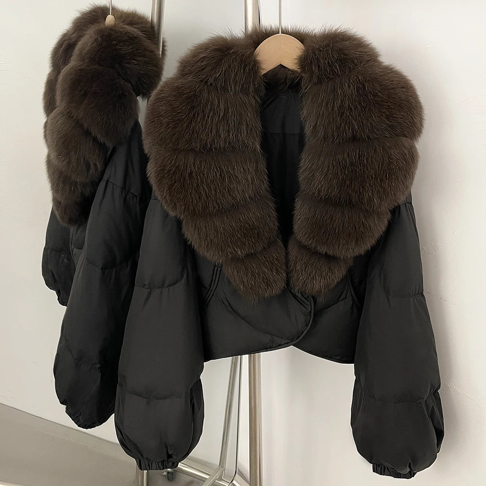 OFTBUY New Winter Real Fox Fur Short Puffer Jackets Women Natural Thick Warm 90% White Duck Down Cropped Loose Waterproof Coat