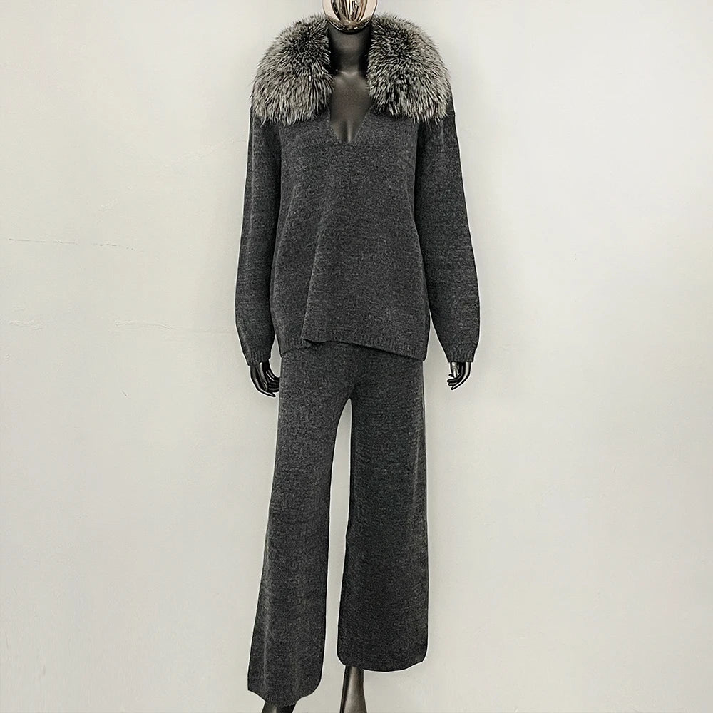 OFTBUY New Women's Knit Two Piece Set with Real Fox Fur Collar Loose Pants Warm Winter Elegant Casual Outfit Sweater Female