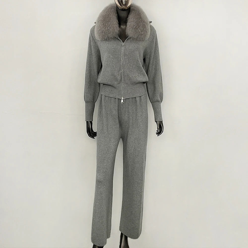 OFTBUY Winter New Women's Knitted Tracksuit Set with Fox Fur Collar Zipper Jacket Wide Leg Pants Luxury Casual Two-Piece Outfit