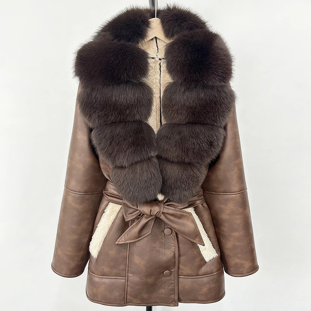 OFTBUY Large Natural Fox Fur Coat New Women Thick Warm Retro Faux Lamb Fur Jacket Belt Winter Female Parkas Outwear