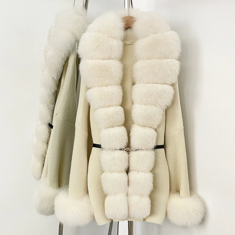 OFTBUY Belt Textured Knit Warm Winter Luxury Outerwear Female Sweater Cardigan New Women's Knit Coat with Large Real Fox Fur