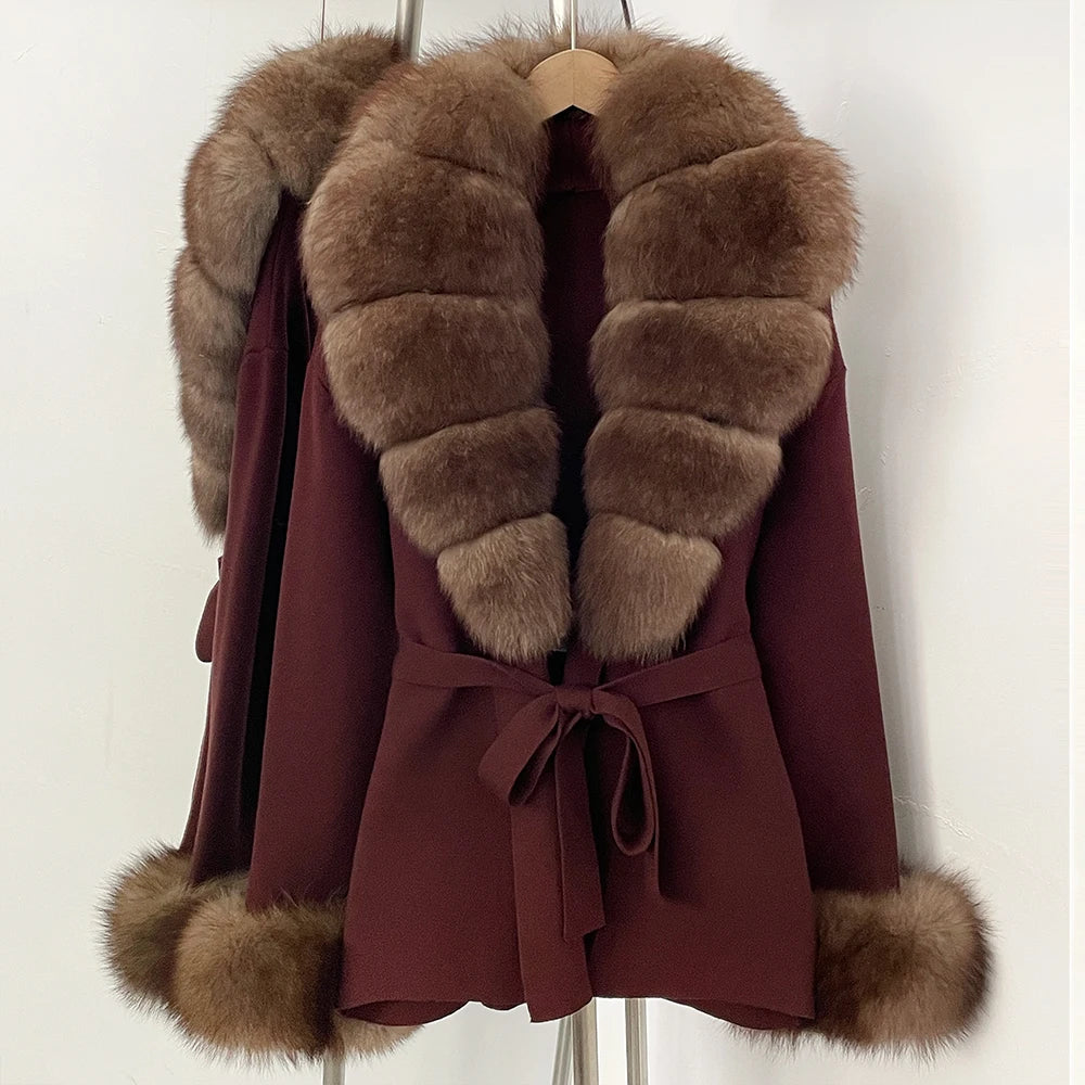 OFTBUY New Women's Knit Cardigan with Real Fox Fur Collar and Cuff Belt Luxury Coat Warm Autumn Fashion Outerwear Sweater Female