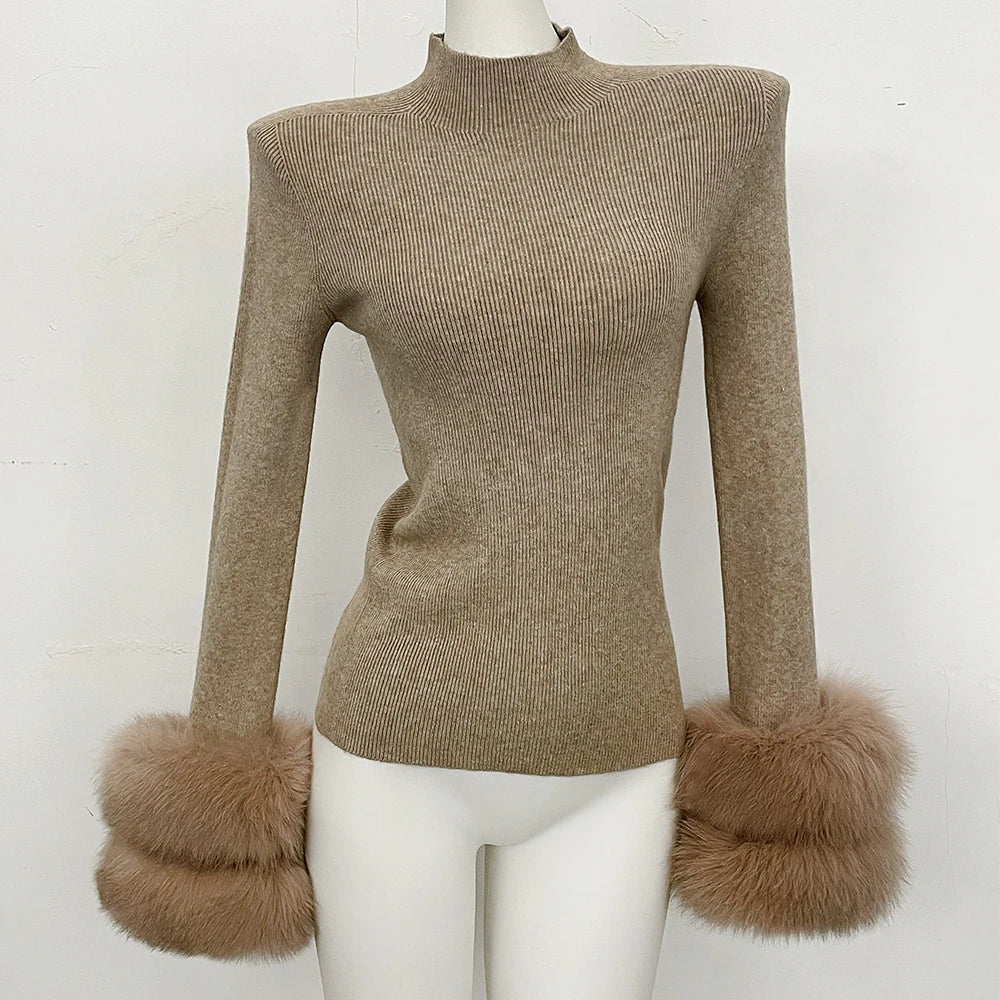 OFTBUY Luxury Mock Neck Ribbed Knit Top with Oversized 100% Real Fox Fur Cuffs