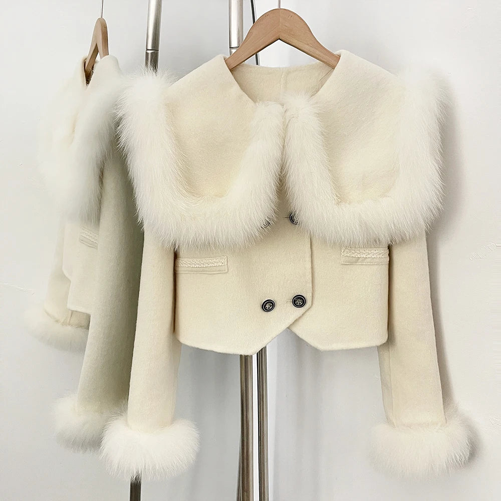 OFTBUY Double Buttons Pockets Warm Winter Elegant Outerwear New Women's Wool Cropped Jacket with Large Real Fox Fur Collar Cuffs