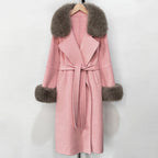 OFTBUY Fashion Warm Wool Coat with Real Fox Fur Collar New Autumn Winter Long Clothing Women Belt Elegant Woolen Jcacket Female