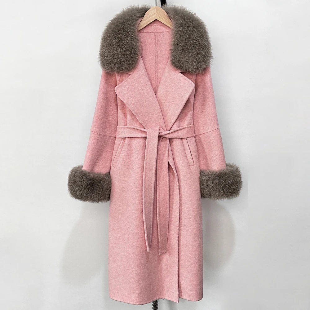 OFTBUY Fashion Warm Wool Coat with Real Fox Fur Collar New Autumn Winter Long Clothing Women Belt Elegant Woolen Jcacket Female