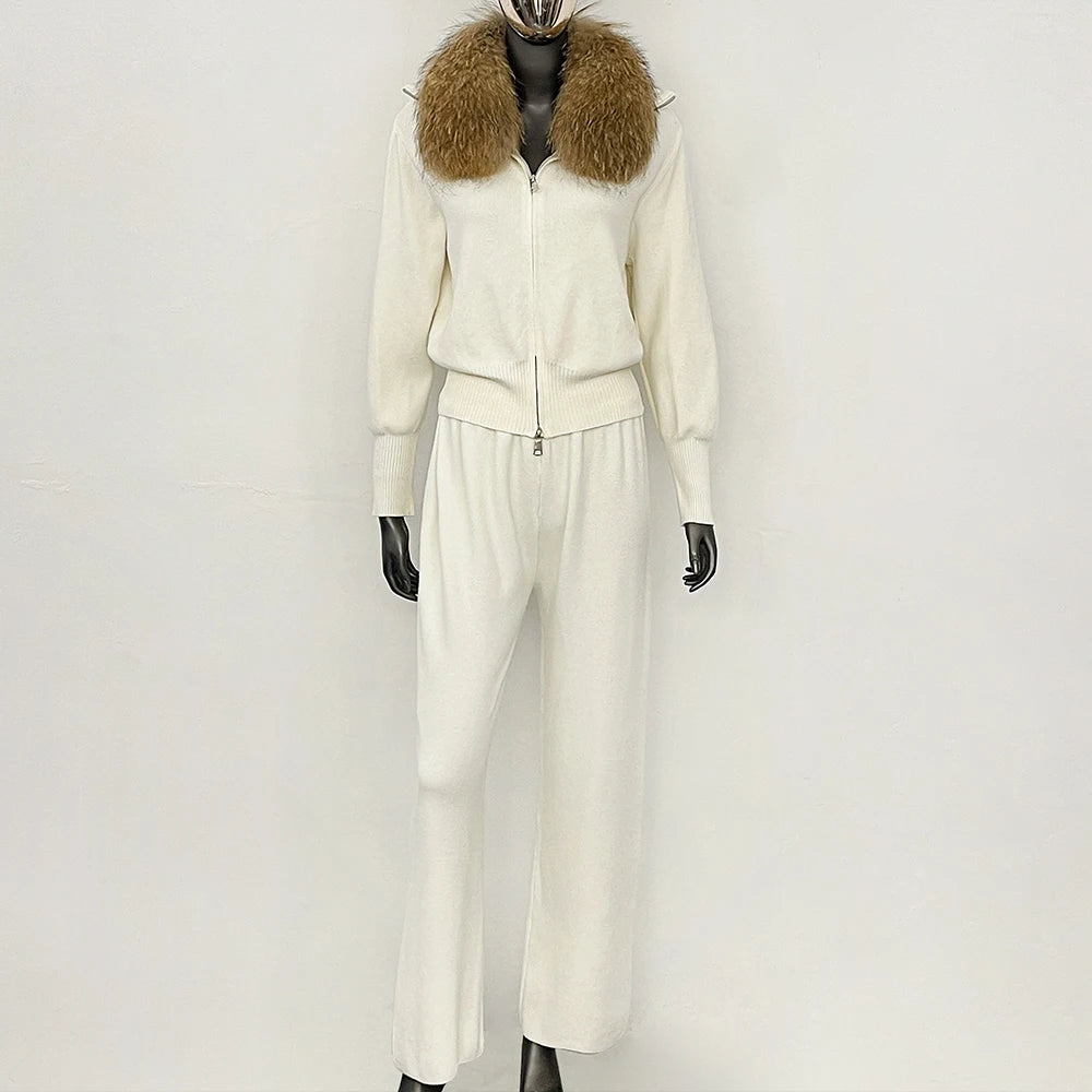 OFTBUY Winter New Women's Knitted Tracksuit Set with Fox Fur Collar Zipper Jacket Wide Leg Pants Luxury Casual Two-Piece Outfit