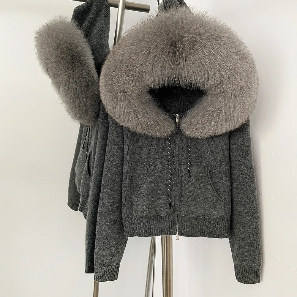 OFTBUY New Women's Beige Knit Hoodie with Large Real Fox Fur Trim Zipper Pockets Warm Winter Fashion Casual Outerwear Lady