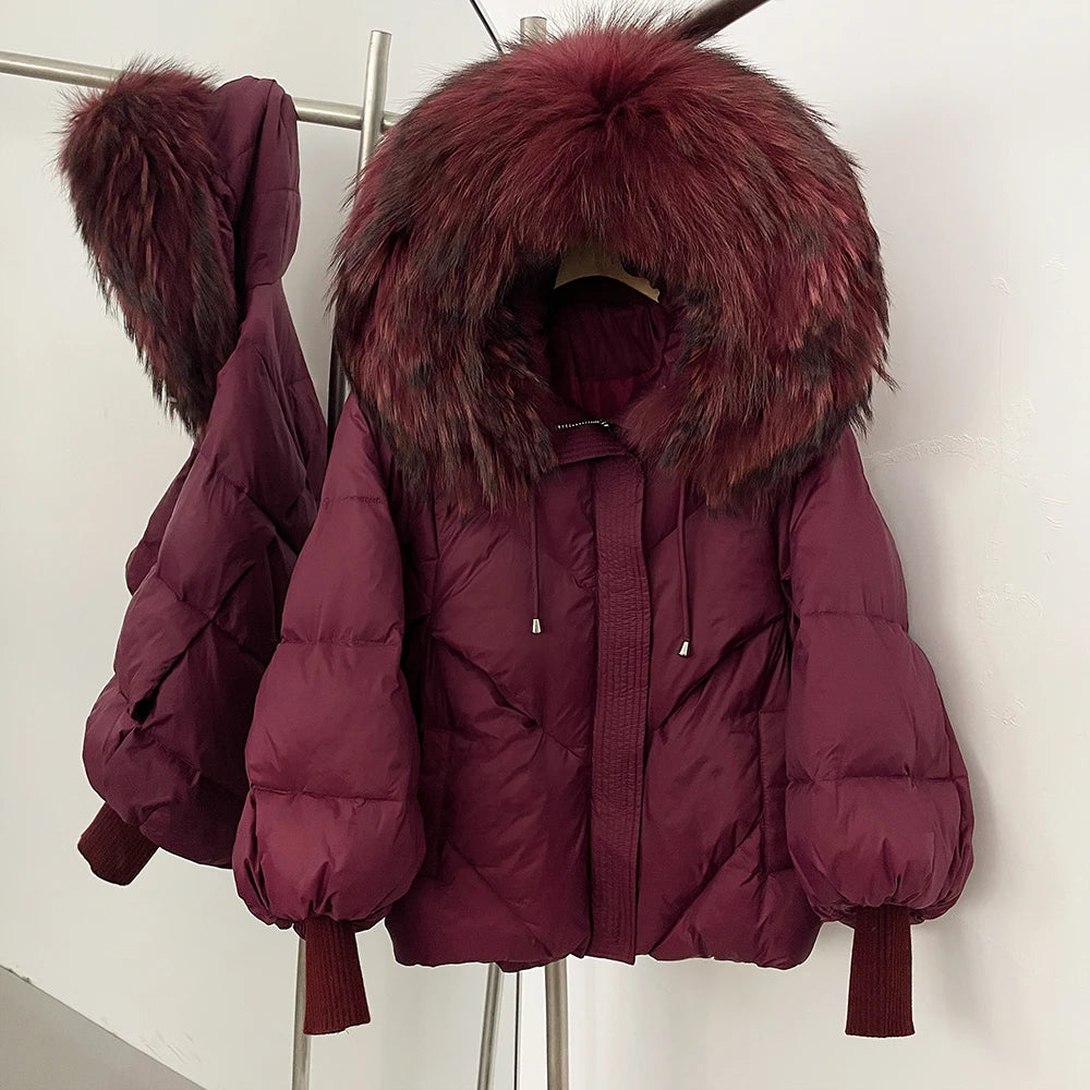 OFTBUY Thicken Warm Knitted Sleeve Coat New Winter Large Real Fur Hooded Puffer Jacket Women White Duck Down Mid Long Parka
