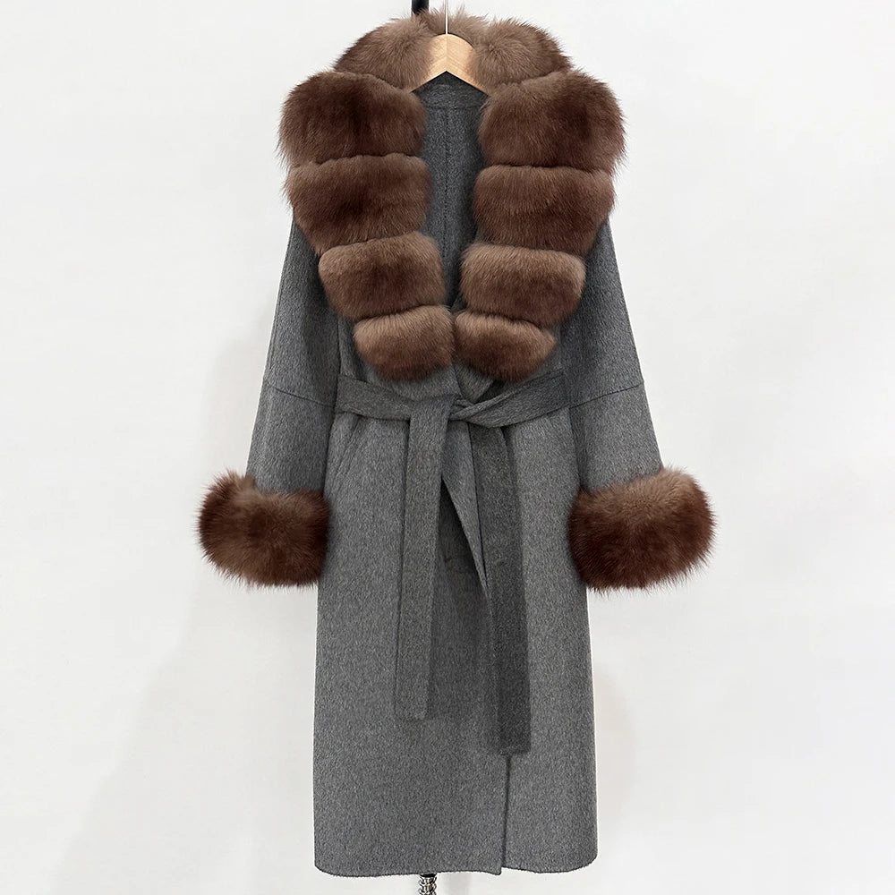 OFTBUY New Women's Double-Faced Wool Coat with Large Real Fox Fur Belted Warm Winter Luxury Fashion Outerwear Woolen Jacket Lady