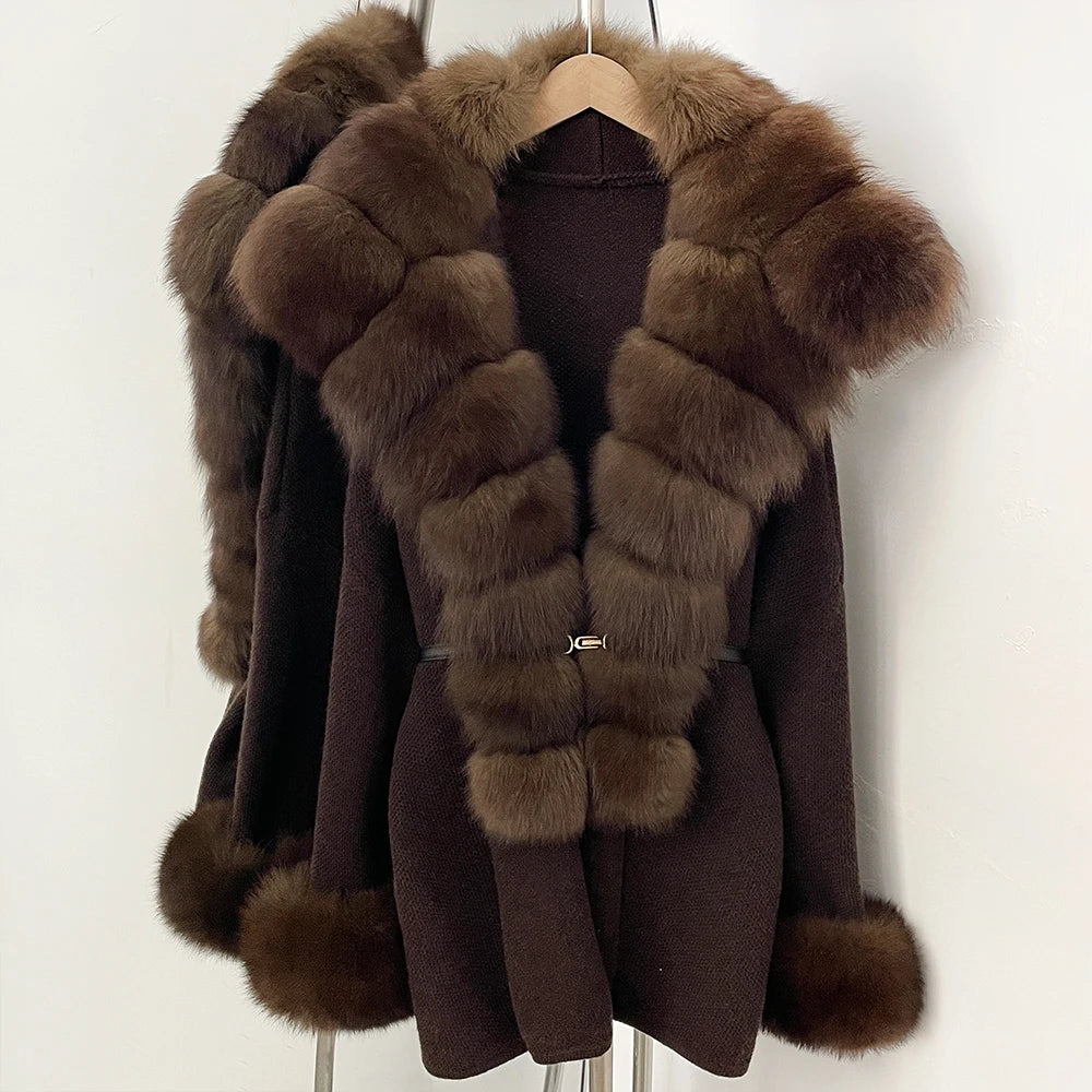 OFTBUY Belt Loose Fit Warm Winter Fashion Outerwear Natural Fur Sweater Female New Women's Knit Coat with Large Real Fox Fur