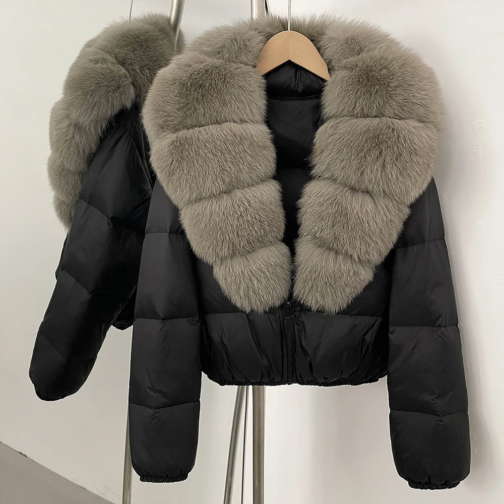 OFTBUY New Puffer Jacket Women with Large Natural Fox Fur Collar Short Fluffy Thick Parkas Female 90% White Duck Down Coat Lady