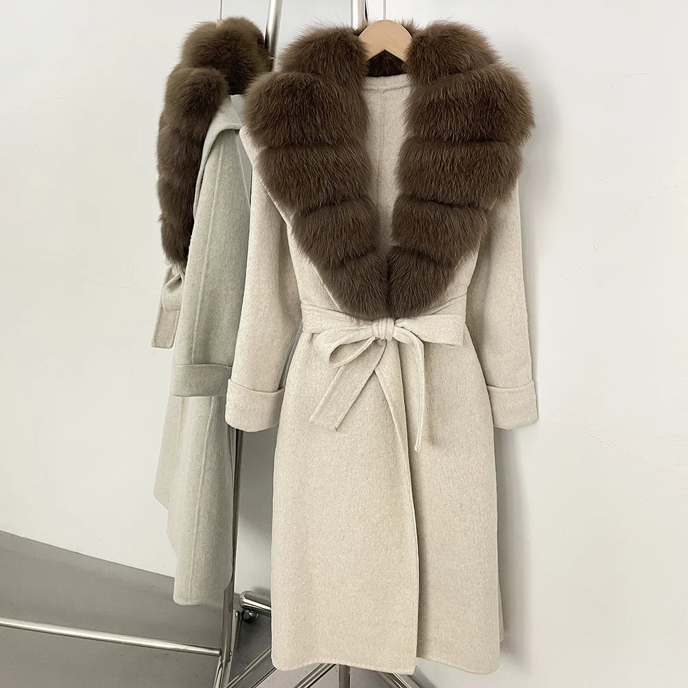 OFTBUY Belted Elegant Warm Outerwear Coat Female Women's Luxury Double-Faced Wool Jacket Winter Oversized Real Fox Fur Collar
