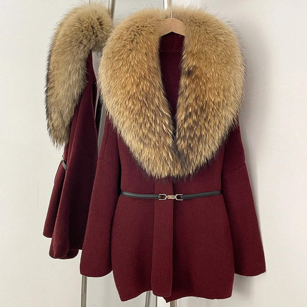 OFTBUY New Autumn Winter Luxury Fashion Outerwear Lady Women's Knit Coat with Large Real Fox Fur Collar Belt Textured Knit Warm