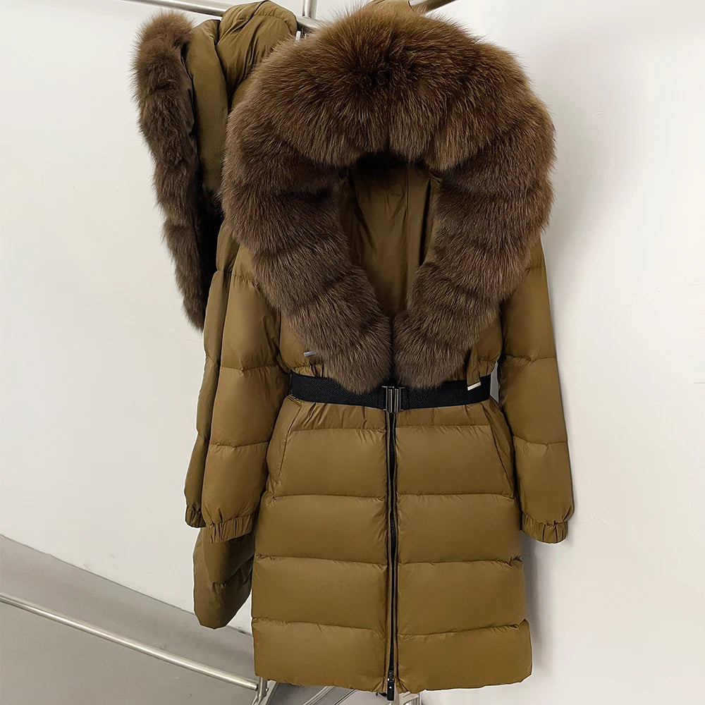 OFTBUY New Natural Thick Warm Duck Down Coat Female Long Winter Jacket Women Real Big Fox Fur Collar Belt Loose Puffer Parka