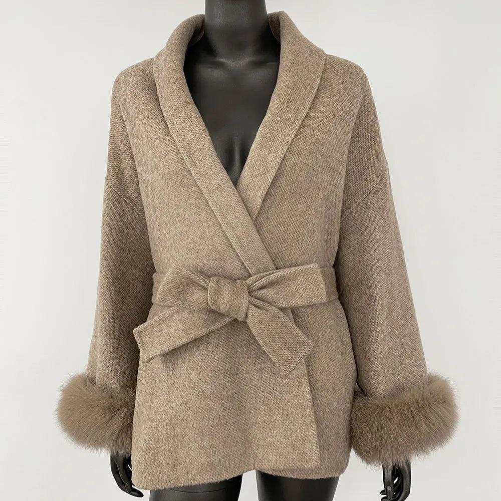 OFTBUY High End Double-sided Wool Strapping Real Wool Fur Coat Women's Removable Cuffs Fox Fur Temperament Cashmere Short Jacket