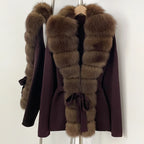OFTBUY New Women's Knit Cardigan with Oversized Real Fox Fur Trim Self-Tie Belt Sweater Luxury Warm Winter Fashion Outerwear
