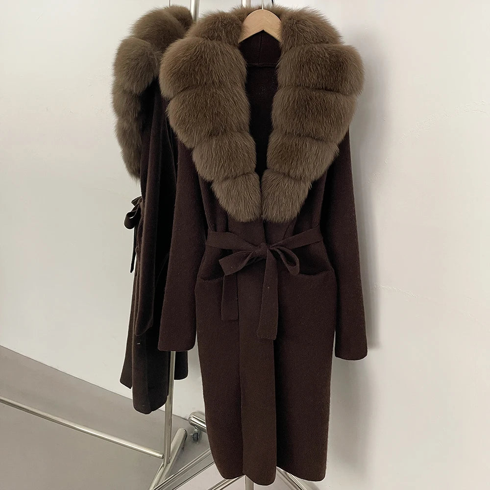 OFTBUY Women's Luxury Brown Knit Cardigan with Real Fox Fur Collar Belted Sweater Coat Female New Fashion Warm Winter Outerwear
