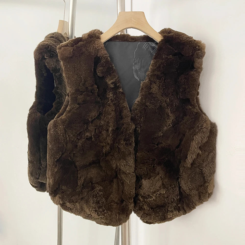 OFTBUY New Autumn Winter Luxury Clothes Outerwear Women's Real Rex Rabbit Fur Vest Fashion V-Neck Natural Fur Waistcoat Female
