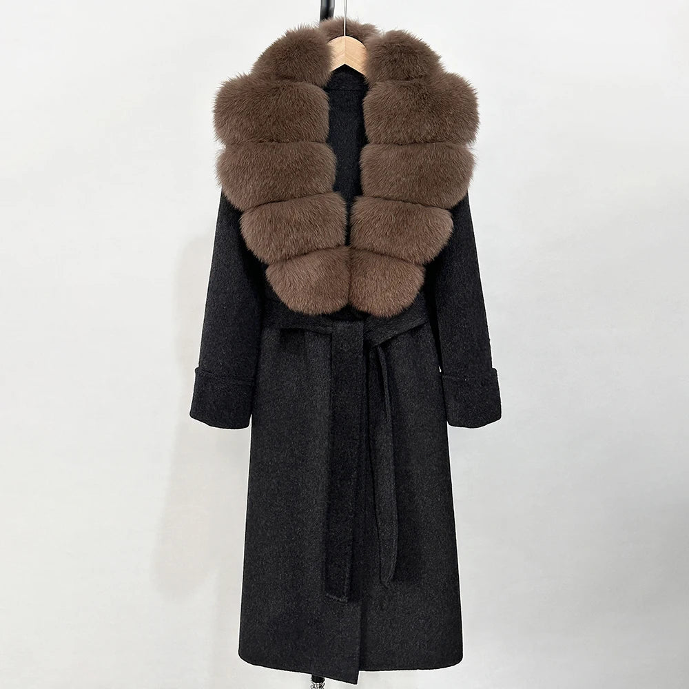 OFTBUY Long Belt 100% Wool Coat with Real Fox Fur Collar Warm Natural Fur Woolen Jacket Female New Autumn Winter Clothing Women