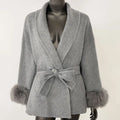 OFTBUY 100% Wool Wrap Belted Short Coat - Wide Shawl Lapel Real Fox Fur Cuff Luxury Double Sided Wool Jacket