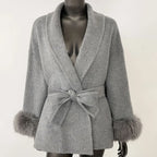 OFTBUY 100% Wool Wrap Belted Short Coat - Wide Shawl Lapel Real Fox Fur Cuff Luxury Double Sided Wool Jacket