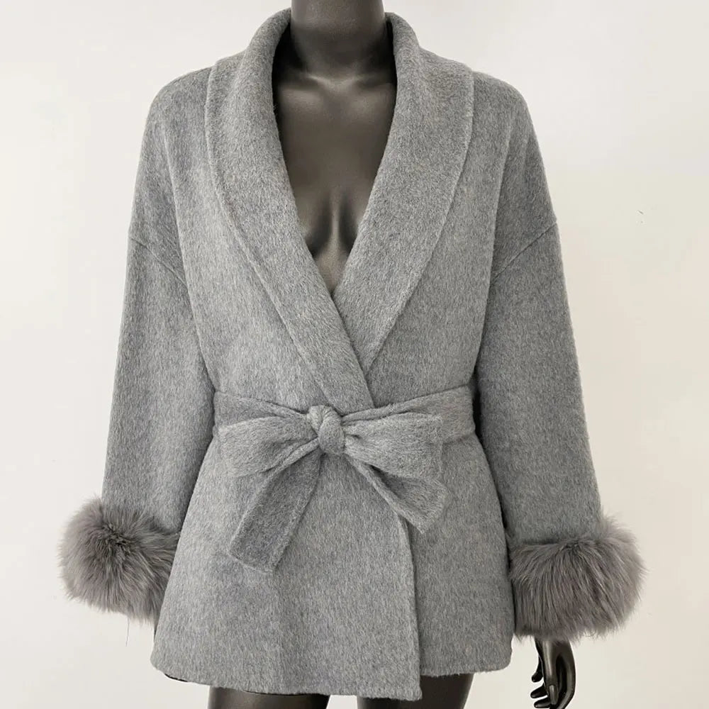 OFTBUY 100% Wool Wrap Belted Short Coat - Wide Shawl Lapel Real Fox Fur Cuff Luxury Double Sided Wool Jacket