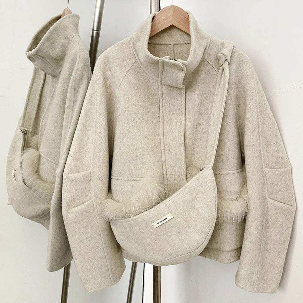 OFTBUY Short Zipper Real Fox Fur Woolen Jacket Fashion Casual Long Sleeves Woo Coat Female with Bag New Autumn Clothes Women