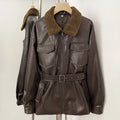 OFTBUY New Women's Faux Leather Jacket with Teddy Fur Collar Belted Waist Pockets Vintage Streetwear Fashion Outerwear Female