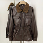 OFTBUY New Women's Faux Leather Jacket with Teddy Fur Collar Belted Waist Pockets Vintage Streetwear Fashion Outerwear Female