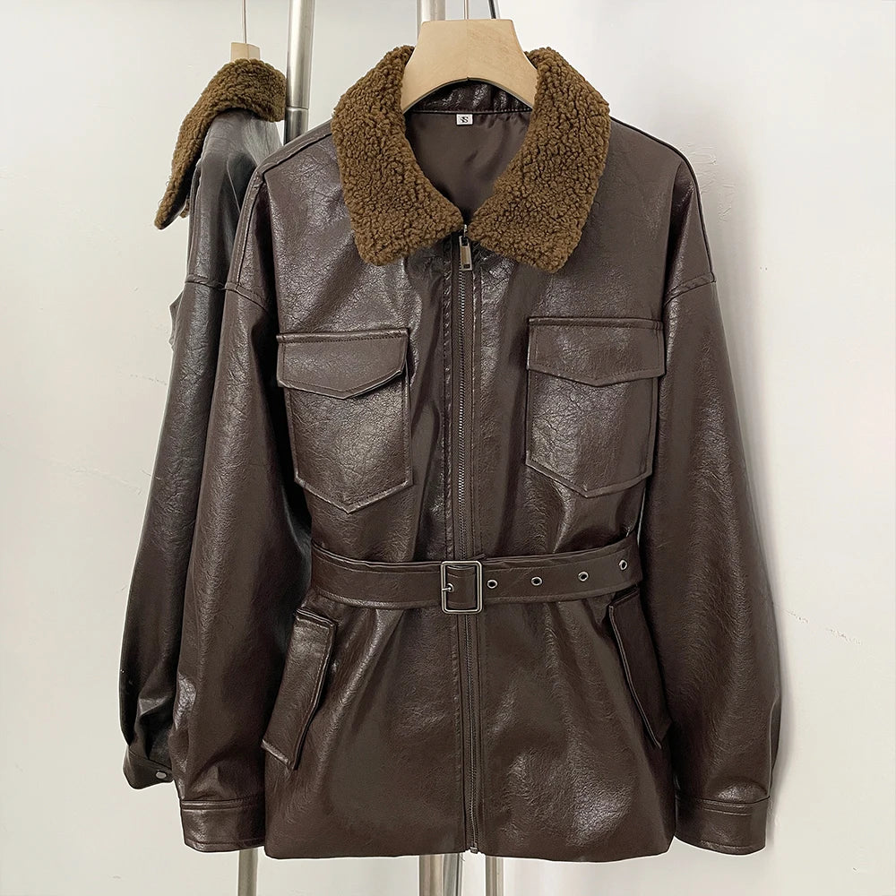 OFTBUY New Women's Faux Leather Jacket with Teddy Fur Collar Belted Waist Pockets Vintage Streetwear Fashion Outerwear Female