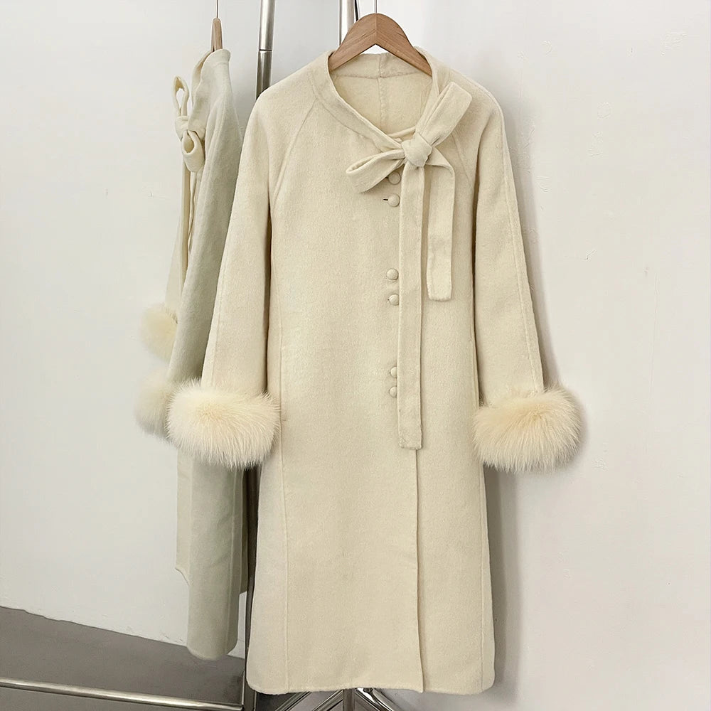 OFTBUY New Women's Double-Faced Wool Coat with Real Fox Fur Design Belted Bow Warm Winter Elegant Fashion Outerwear Woolen Coat